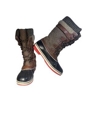 Dream Pairs Snow Boots Women Sz 9 Monte Brown Black Mid Calf Lace-Up Red Soles